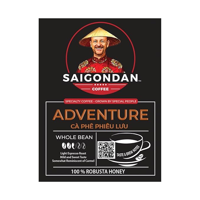 Robusta Whole Bean Coffee - Saigondan Adventure | Light Espresso Roast | 100% Robusta | Vietnamese Coffee | Roasted in Small Batch | Smooth & Naturally Sweet | Direct Trade | No Preservatives | 12 Oz