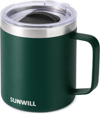 SUNWILL Travel Coffee Mug with Lid, Insulated Cup with Handle, 14 oz Stainless Steel Tumbler for Camping, Office, Outdoor, Powder Coated Forest Green