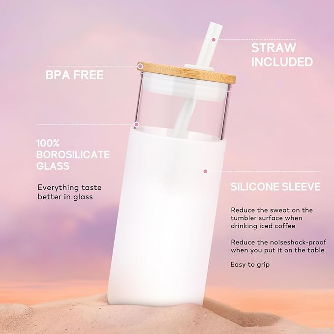 Tronco 20 oz Glass Tumbler with Lid & Straw - Iced Coffee Cup & Smoothie Cup With Silicone Sleeve | BPA-Free, Dishwasher Safe | Reusable Glass Cups with Bamboo Lids and Straws (Watermelon, 1 Count)