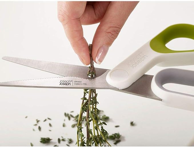 Joseph Joseph PowerGrip Kitchen Shears Scissors with Thumb Grip and Herb Stripper Separates for Cleaning Japanese Stainless-Steel, White/Green