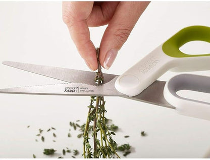 Joseph Joseph PowerGrip Kitchen Shears Scissors with Thumb Grip and Herb Stripper Separates for Cleaning Japanese Stainless-Steel, White/Green