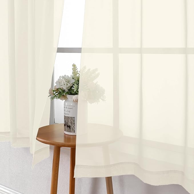 Cream Sheer Curtains 48 Inch Length 2 Pcs, Rod Pocket Light Filtering Voile - Image 9