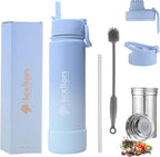 Lexlion Tea Infuser Water Bottle 22 Oz, Triple Walled Insulated Stainless Steel Bottle, Thermal Fruit Leaf Infuser, Silicone Sleeve, 3 Lids Leakproof, Metal Mug Gallon