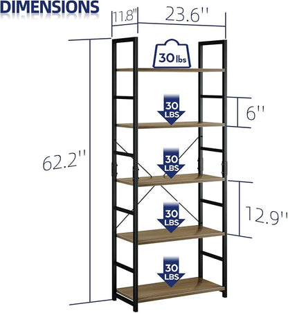 NUMENN 5 Tier Bookshelf, Tall Bookcase Shelf Storage Organizer, Modern Book - Image 3