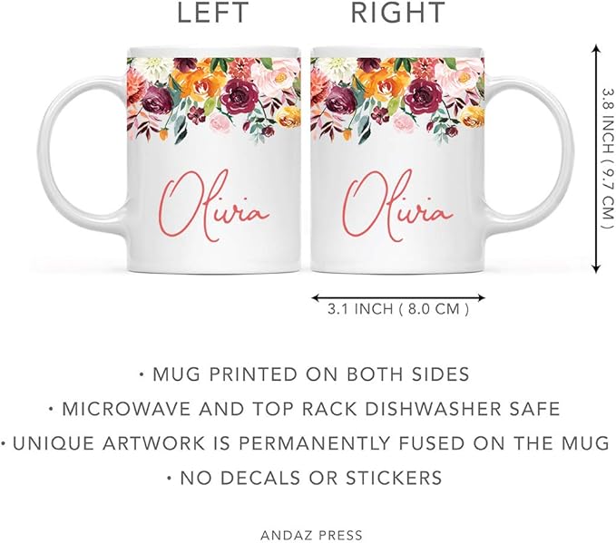 Andaz Press Personalized 11oz. Wedding Ceramic Coffee Tea Mug Bridesmaid Gift, Fall Autumn Burgundy Orange Peach Flowers Roses Florals, Olivia, 1-Pack, Includes Gift Box, Custom Name