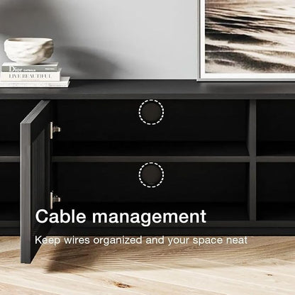 POVISON Fully-Assembled Mid Century Modern Wood Slatted TV Stand - Image 6