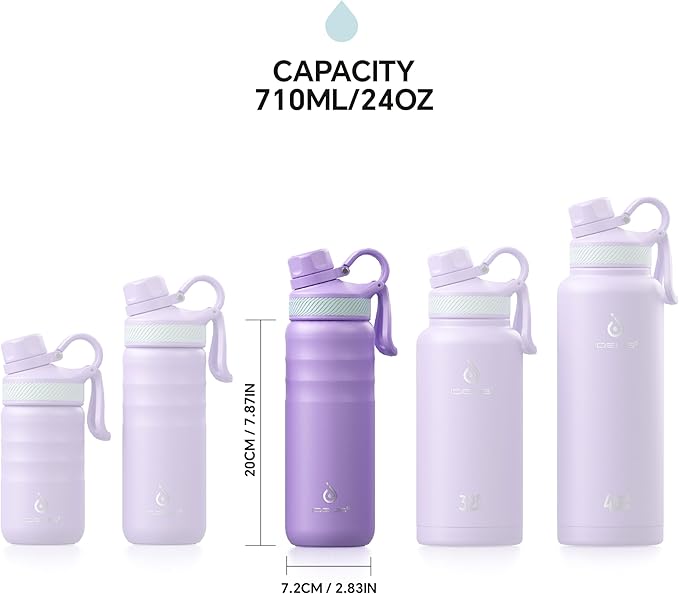 IDEUS Insulated Stainless Steel Water Bottle with 2 Leak-Proof Lids, Thermal Water Flask for Hiking Biking, 24oz, Violet