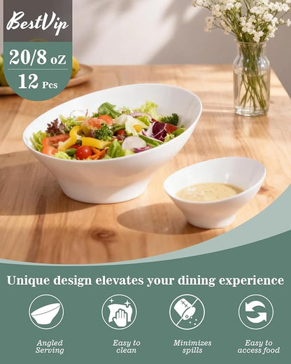 BESTVIP 12 Pack 20oz Angled Disposable Serving Bowls - White Plastic Serving Bowls for Party, Party Bowls for Chips, Snacks, Fruit, Salad - Bowls for Parties, Daily Use,Halloween, Christmas