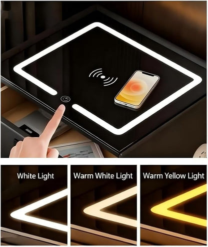 Smart Nightstand with 3 Drawers, Tri-Color Lights, Wireless Charging Port and - Image 3