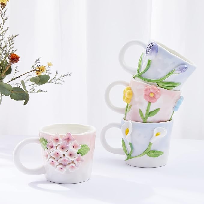 3D Flower Coffee Mug Blue Tulip Ceramic Cup,12 oz Cute Handmade Mugs,Christmas Birthday Surprise for Friends Family or Flower Lovers (Blue Tulip)