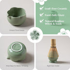 Matcha Set, 8Pcs Floral Ceramic Matcha Set with Matcha Whisk, Holder, Scoop, Scoop Rest, Sifter, Spoon and Tea Towel - Thoughtful Matcha Whisk Set Gift for Matcha Lovers (Green)