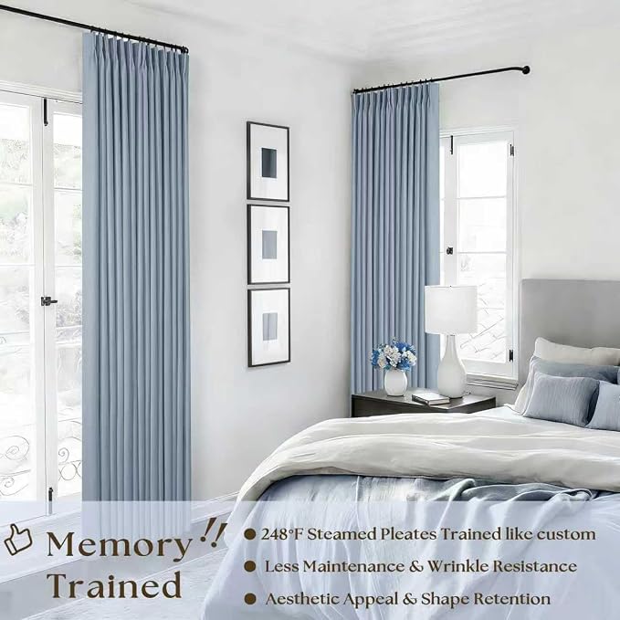 Blue Grey Pinch Pleated Full Blackout Curtains Linen 80 Inch Window Curtain | - Image 6