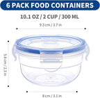 KIGI 6 PACK 10oz Plastic Round Bowls with Lid Airtight Food Storage Container Set Small Meal Prep Containers Bento Box