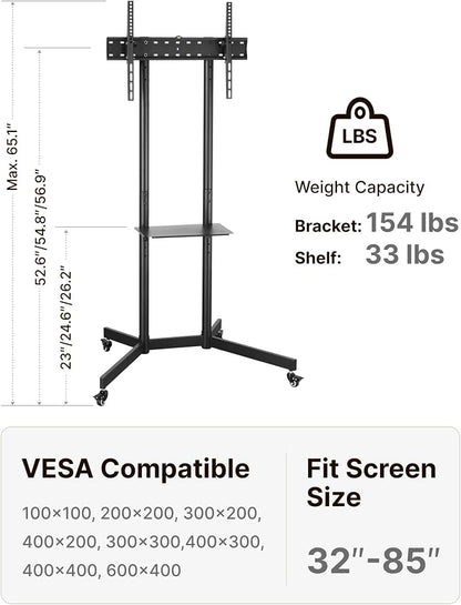 Heavy-Duty Rolling TV Stand for 32–85" Screens — Supports 187 lbs, Stable - Image 6