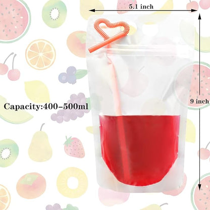 50 Pcs Drink Pouches, Juice Pouches for Adults, Reusable, Reclosable Zipper Smoothie Bags for Cold & Hot Drinks with 50 Straws & Silicone Funnel