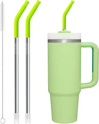 Snowfall Metal Straw for Stanley 30 OZ, 2 Pcs Reusable Long Stainless Steel Drinking Straws with Silicone Tip, 1 Straw Brush, BPA Free (Apple Green)