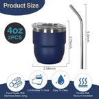 4oz Stackable Cup, Vacuum Insulated Espresso Cup Set of 2, Espresso Shot Glass for Coffee, Double Wall Stainless Steel Mini Tumbler Shot Glasses with Straw and Lid (A-navy2P, 4oz)