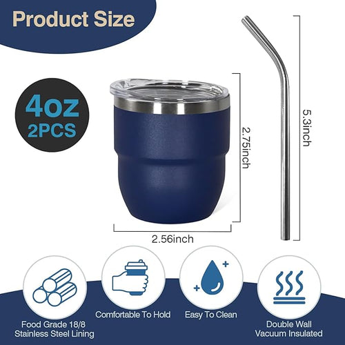 4oz Stackable Cup, Vacuum Insulated Espresso Cup Set of 2, Espresso Shot Glass for Coffee, Double Wall Stainless Steel Mini Tumbler Shot Glasses with Straw and Lid (A-navy2P, 4oz)