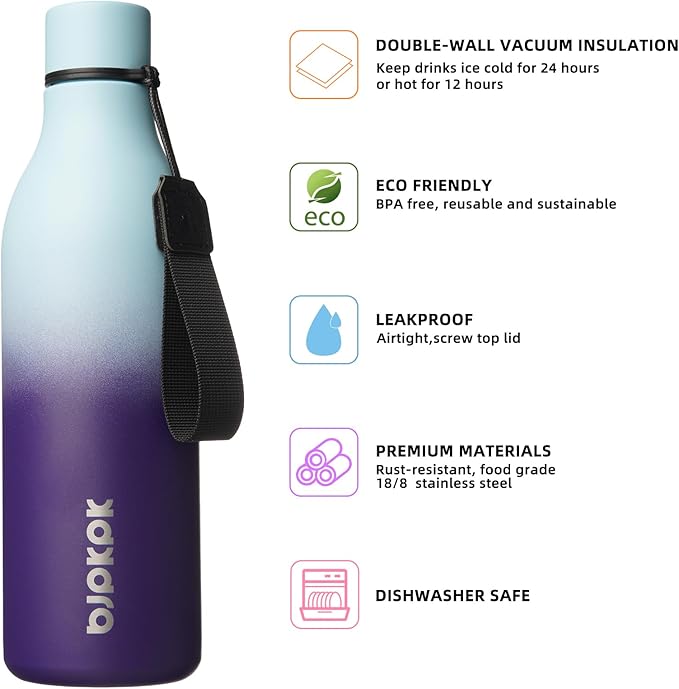 BJPKPK Insulated Water Bottles, 25 oz Stainless Steel Metal Water Bottle with Strap, BPA Free Leak Proof Thermos, Mugs, Flasks, Reusable Water Bottle for Sports & Travel, Ocean Dream
