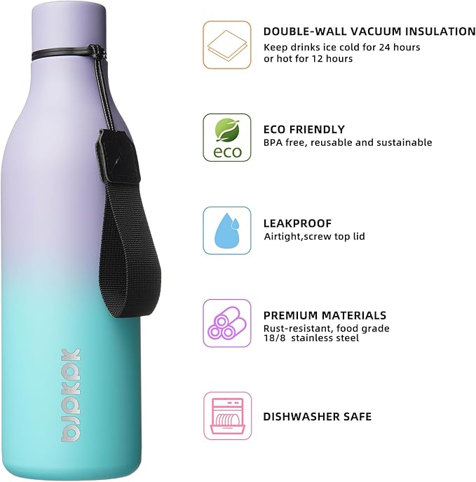 BJPKPK Insulated Water Bottles, 25 oz Stainless Steel Metal Water Bottle with Strap, BPA Free Leak Proof Thermos, Mugs, Flasks, Reusable Thermos for Sports & Travel, Lavender Mint