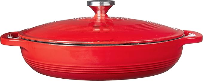 Lodge 3.6 Quart Enameled Cast Iron Covered Casserole with Lid – Dual Handles – Oven Safe up to 500° F or on Stovetop - Use to Marinate, Cook, Bake, Refrigerate and Serve – Solid Red