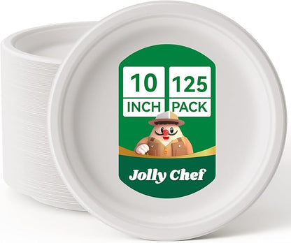 JOLLY CHEF Compostable Heavy Duty Plates 𝟭𝟬 𝗜𝗻𝗰𝗵 [𝟭𝟮𝟱 𝗣𝗮𝗰𝗸] Eco-Friendly Disposable White Paper Plates Made of Bagasse Biodegradable for Party Dinner Sugarcane Fibers Thanksgiving Day