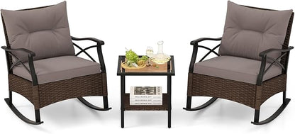 Tangkula 3 Pieces Outdoor Rocking Chairs Set, Rattan Heavy Duty Cushioned by TANGKULA