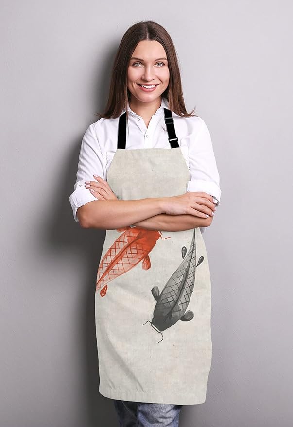 Red and black hand drawn with ink in traditional Japanese Adjustable Bib Apron Kitchen Cooking Baking Gardening Apron for Women Men
