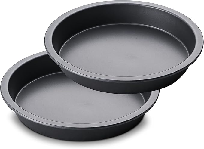 HONGBAKE Round Cake Baking Pan, 8 Inch, Shallow Cookie Pans, Layer Cake Pans with Wider Grips, Nonstick Circle Pizza Tin, Huty Duty, Dishwasher Safe, 2 Pieces- Grey