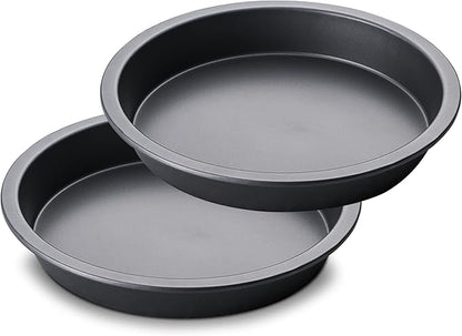HONGBAKE Round Cake Baking Pan, 8 Inch, Shallow Cookie Pans, Layer Cake Pans with Wider Grips, Nonstick Circle Pizza Tin, Huty Duty, Dishwasher Safe, 2 Pieces- Grey