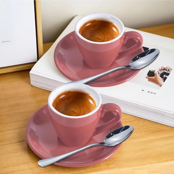 Porcelain Espresso Cup with Saucer And Stainless Steel mini Spoons, Espresso shot Cup, 80ml/2.7Oz, Pack of 2, Pink