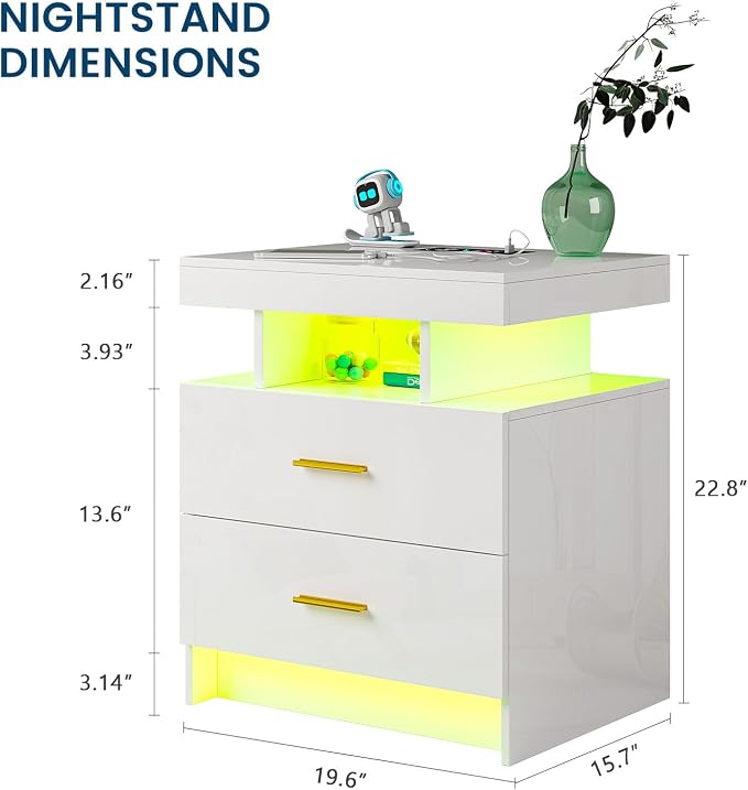 HNEBC Auto LED Nightstand with Wireless Charging Station & USB Ports, High - Image 2