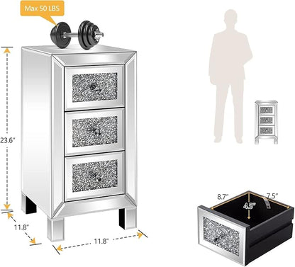 VINGLI 3-Drawer Mirrored Nightstand Bedside Table Modern Night Stands Set of 2 - Image 2