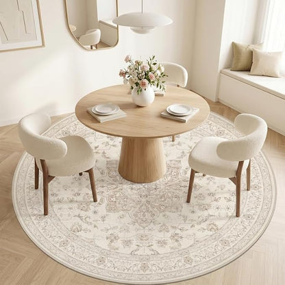 Round Area Rug Living Room: 8ft Washable Carpet Beige White | Vintage Boho - Image 2