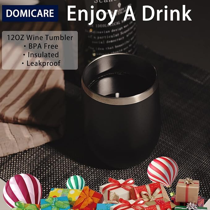 DOMICARE Stainless Steel Wine Tumbler Bulk with Lid, Personalized Insulated Tumblers Set, 12oz Travel Coffee Cups Pack of 4, Black