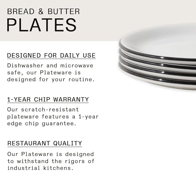 Made In Cookware - Set of 4 - Bread and Butter Plates - White With Black Rim - Porcelain - Crafted in England