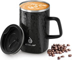 Ideus Vacuum Insulated Coffee Mug, 16oz Reusable Stainless Steel Thermal Double Walled cup with Handle and Slider Lid for Hot & Cold Beverages, BPA Free (Leapord Black)