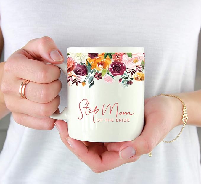Andaz Press 11oz. Wedding Ceramic Coffee Tea Mug Gift, Fall Autumn Burgundy Orange Peach Flowers Roses Florals, Step Mom of the Bride, 1-Pack, Includes Gift Box