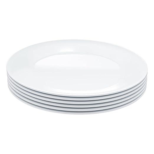 Amazon Basics Melamine (Plastic) Plate, 6 Piece Set, 10.5 in, White