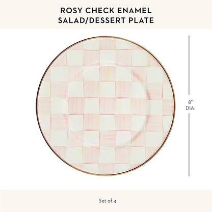 MACKENZIE-CHILDS Enamel Salad and Dessert Plate, Small Plate for Appetizers or Desserts, 8 Inches, Set of 4, Pink-and-White Rosy Check