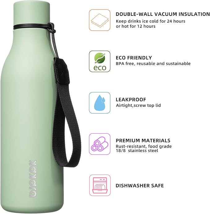 BJPKPK Insulated Water Bottles, 18 oz Stainless Steel Metal Water Bottle with Strap, BPA Free Leak Proof Thermos, Mugs, Flasks, Reusable Water Bottle for Sports & Travel, Macaron Green