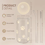 Paw Print 16oz Can Glass Tumbler with Acrylic Lid & Straw - Iced Coffee Cup for Women Cat Dog Mom, Aesthetic Cups Gifts for Birthday Christmas