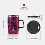 Ideus Vacuum Insulated Coffee Mug, 16oz Reusable Stainless Steel Thermal Double Walled cup with Handle and Slider Lid for Hot & Cold Beverages, BPA Free (Red Zebra)