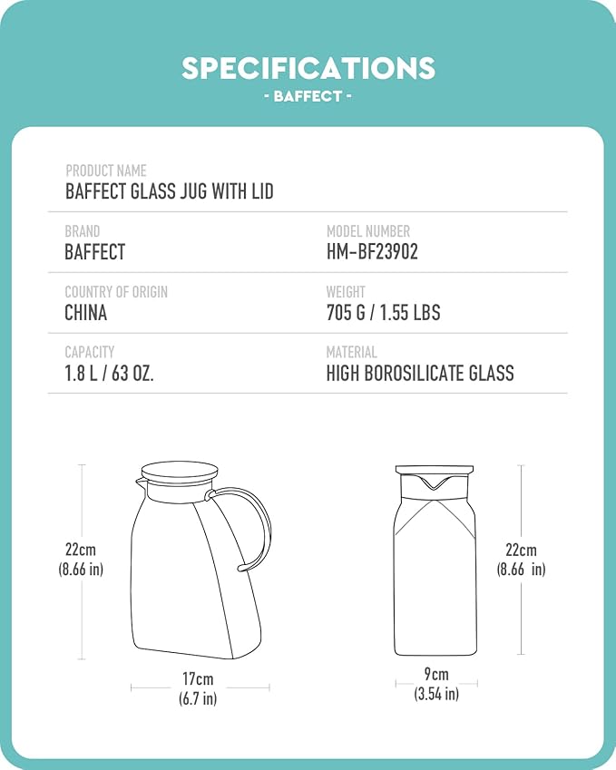 Baffect Water Pitcher, Glass Pitcher With Lid And Handle, 63 Oz / 1.8 L High Borosilicate Glass Jug For Fridge Door, Carafe For Hot/Cold Iced Tea Juice Coffee Milk Beverage （Glacier-Textured）