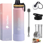Lexlion Tea Infuser Bottle - Fruit Infuser Water Bottle 22 Oz, Triple Walled Insulated Stainless Steel Bottle, Thermal Leaf, Silicone Sleeve, 3 Lids Leakproof, Metal Mug Gallon