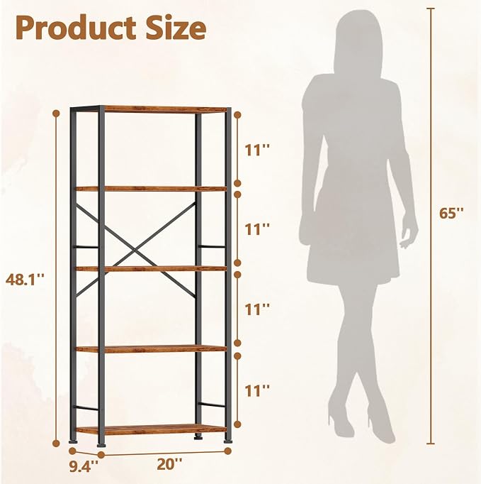 Furologee 5 Tier Book Shelf Set of 2, Tall Wide Bookshelf, Industrial Open - Image 3