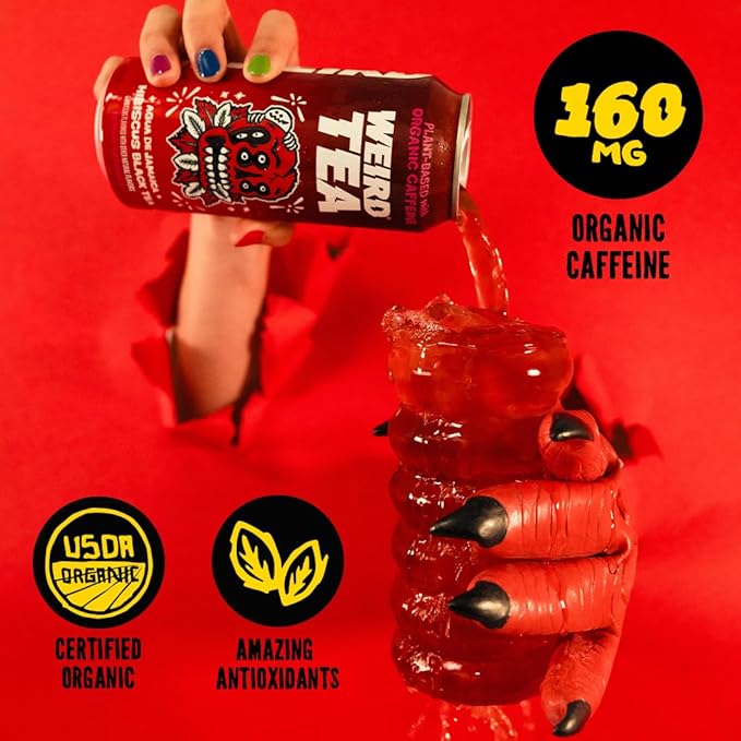 Drink Weird Organic Agua de Jamaica Hibiscus Black Tea – 16oz Cans, 160mg Organic Caffeine, Pack of 12 – Bold & Refreshing Energy Drink Alternative