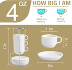 Sweejar Porcelain Espresso Cups with Saucers, 4 Ounce Stackable Cappuccino Cups with Metal Stand for Coffee Drinks, Latte, Tea - Set of 4 (Gray)