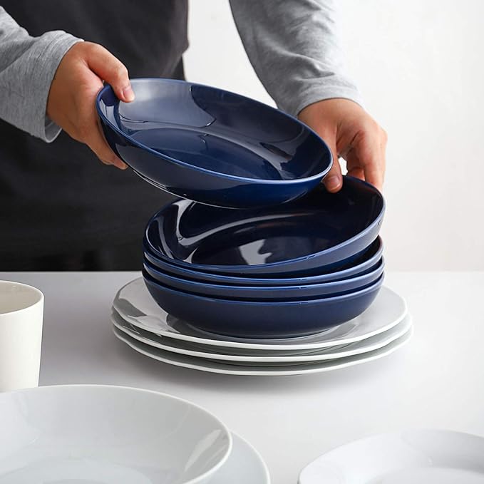 Y YHY 8.5" Vivid Blue Pasta, Salad & Soup Serving Bowls Set of 4, 32oz Large Ceramic, Microwave, Oven & Dishwasher Safe, Sturdy Porcelain Perfect for Daily Dining, Family Gatherings, Parties