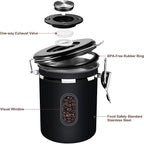 1500ML Airtight Coffee Canister with Date Tracker&Transparent Window, 18OZ Coffe Beans Storage with 30ML Measure Spoon&4 co2 Valve, Coffee Container for Grounds Coffee, Beans, Tea, Sugar, Flour(Black)